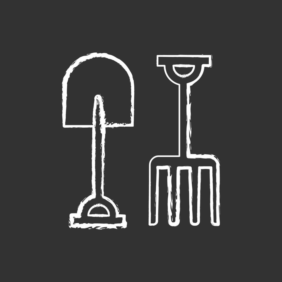 Garden fork and spade chalk white icon on black background vector