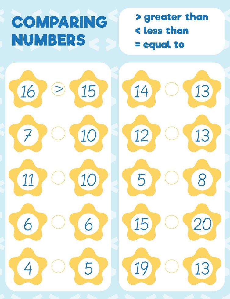 Comparing numbers worksheet practice print sheet. Vector illustration.