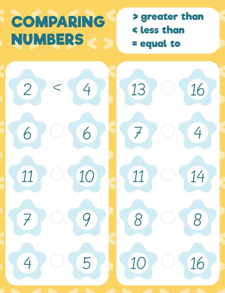 Comparing numbers worksheet practice print sheet. Vector illustration.