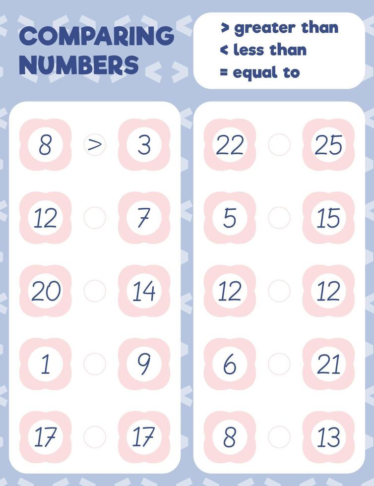 Comparing numbers worksheet practice print sheet. Vector illustration.