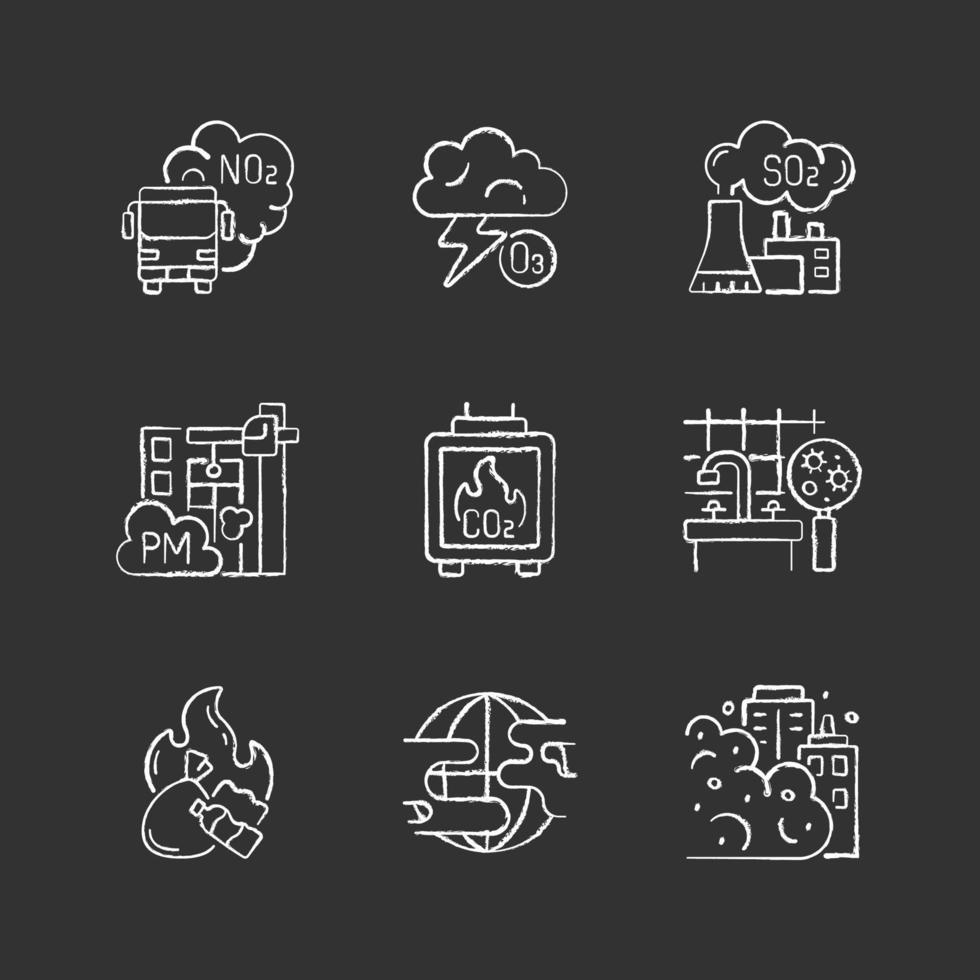 Air pollution chalk white icons set on black background vector