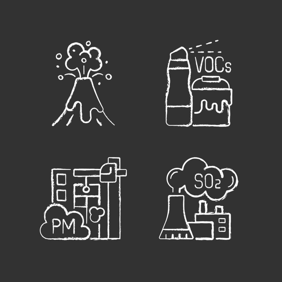 Air pollution chalk white icons set on black background vector