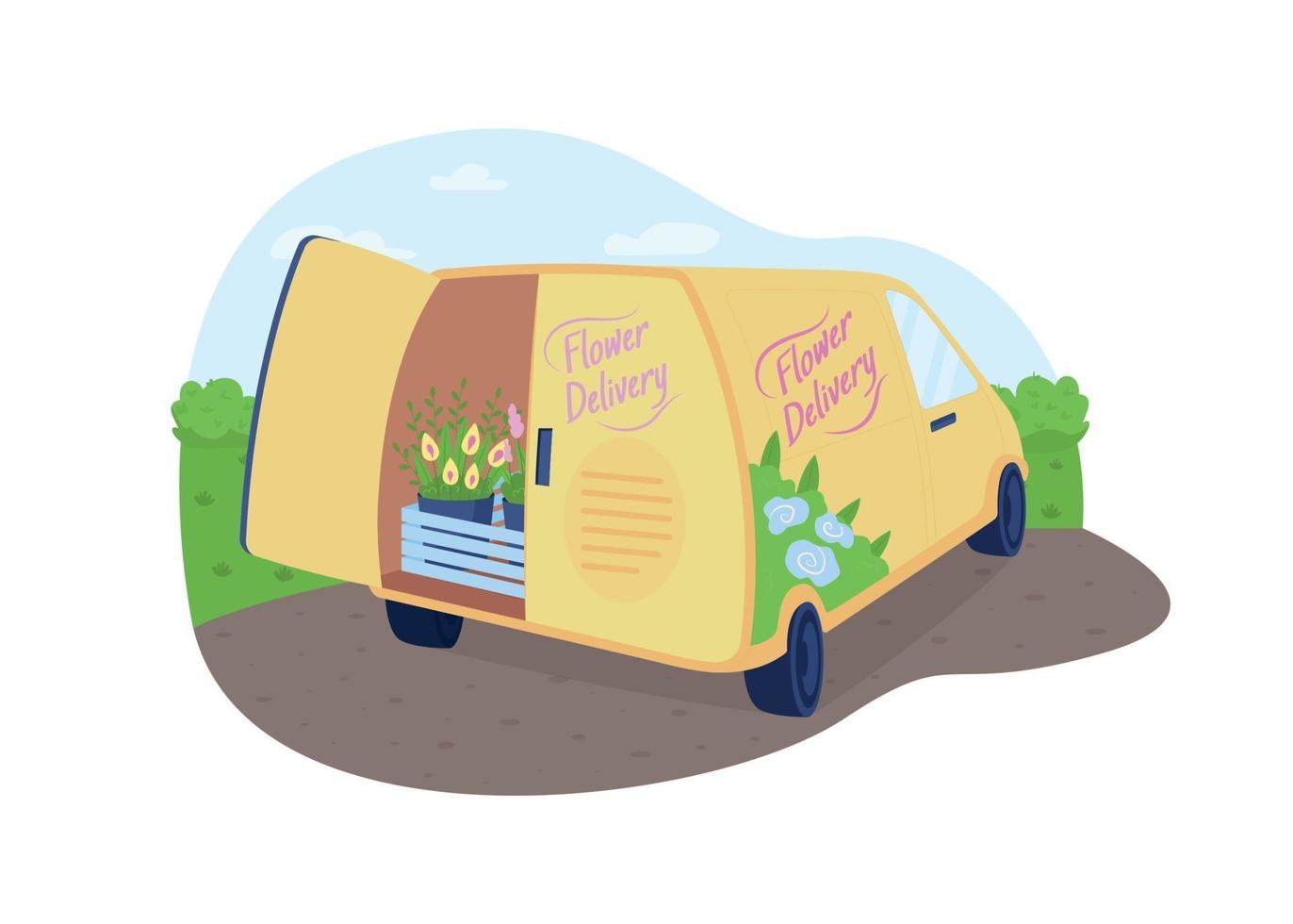 Flower delivery van 2D vector web banner, poster