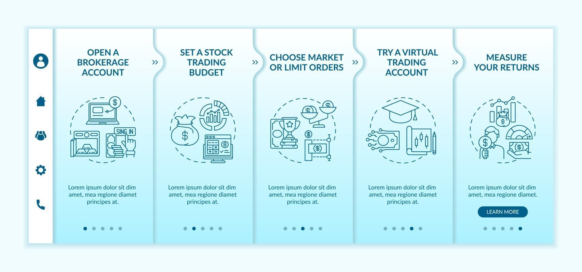 Investing in stock steps onboarding vector template