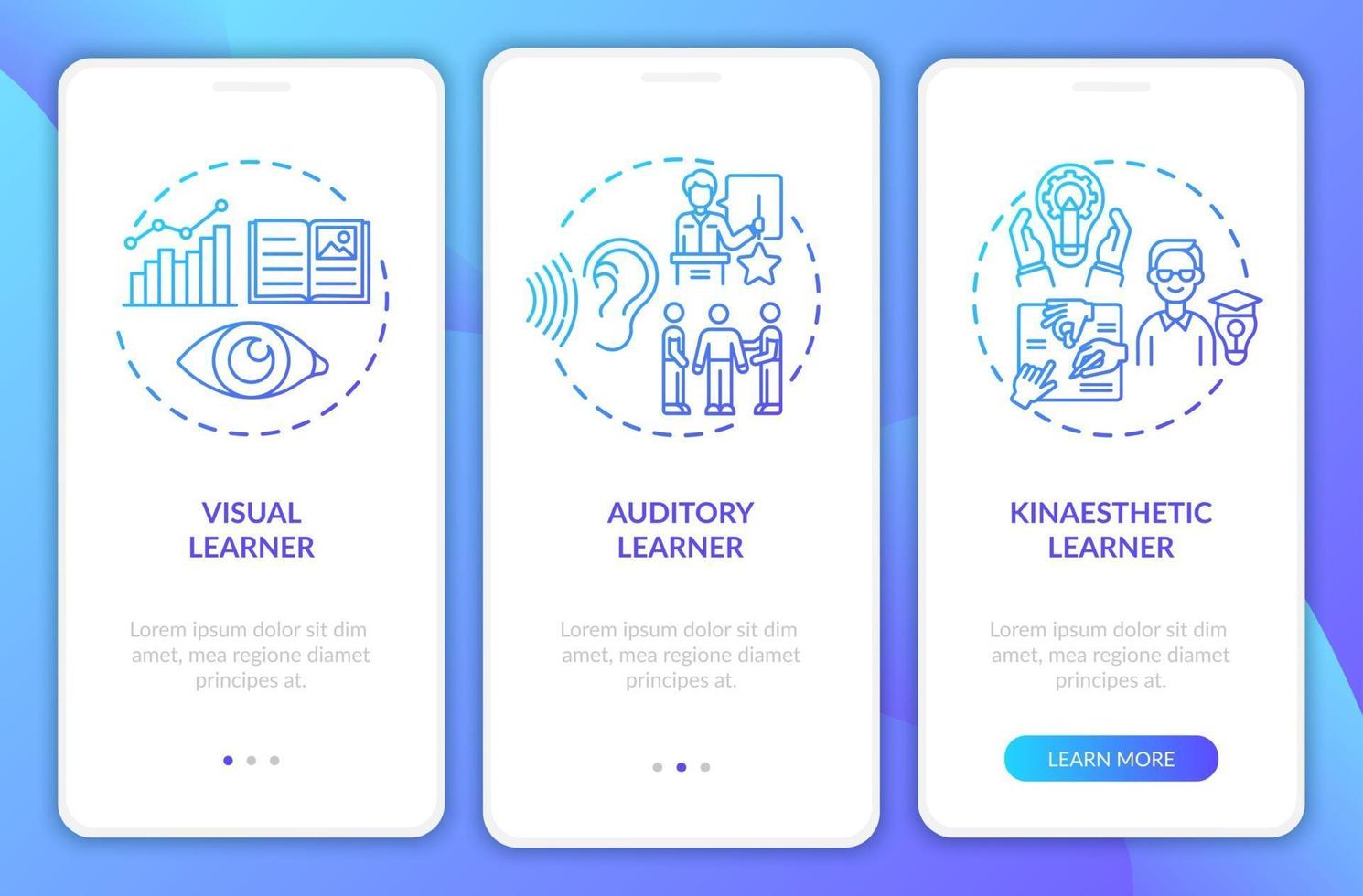 pantalla de la página de la aplicación móvil de incorporación de estilos de aprendizaje con conceptos vector
