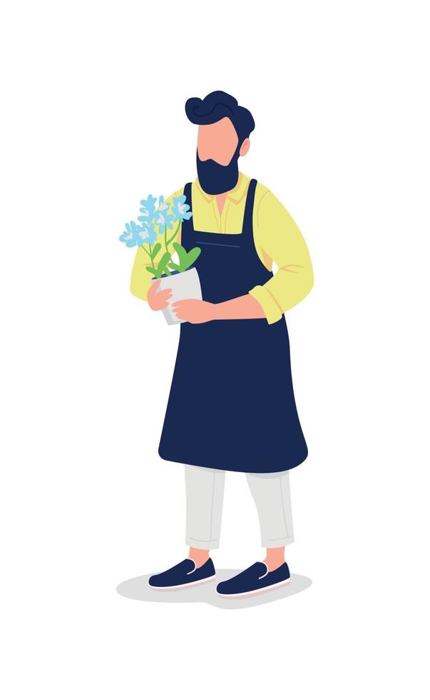 Male florist in apron with flower flat color vector faceless character