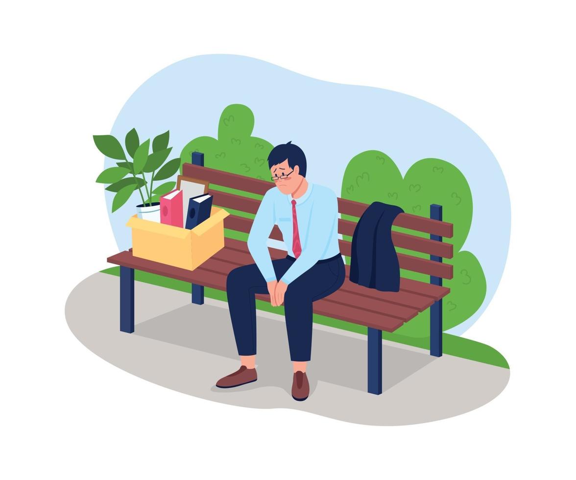 Frustrated fired man sitting on bench 2D vector web banner, poster