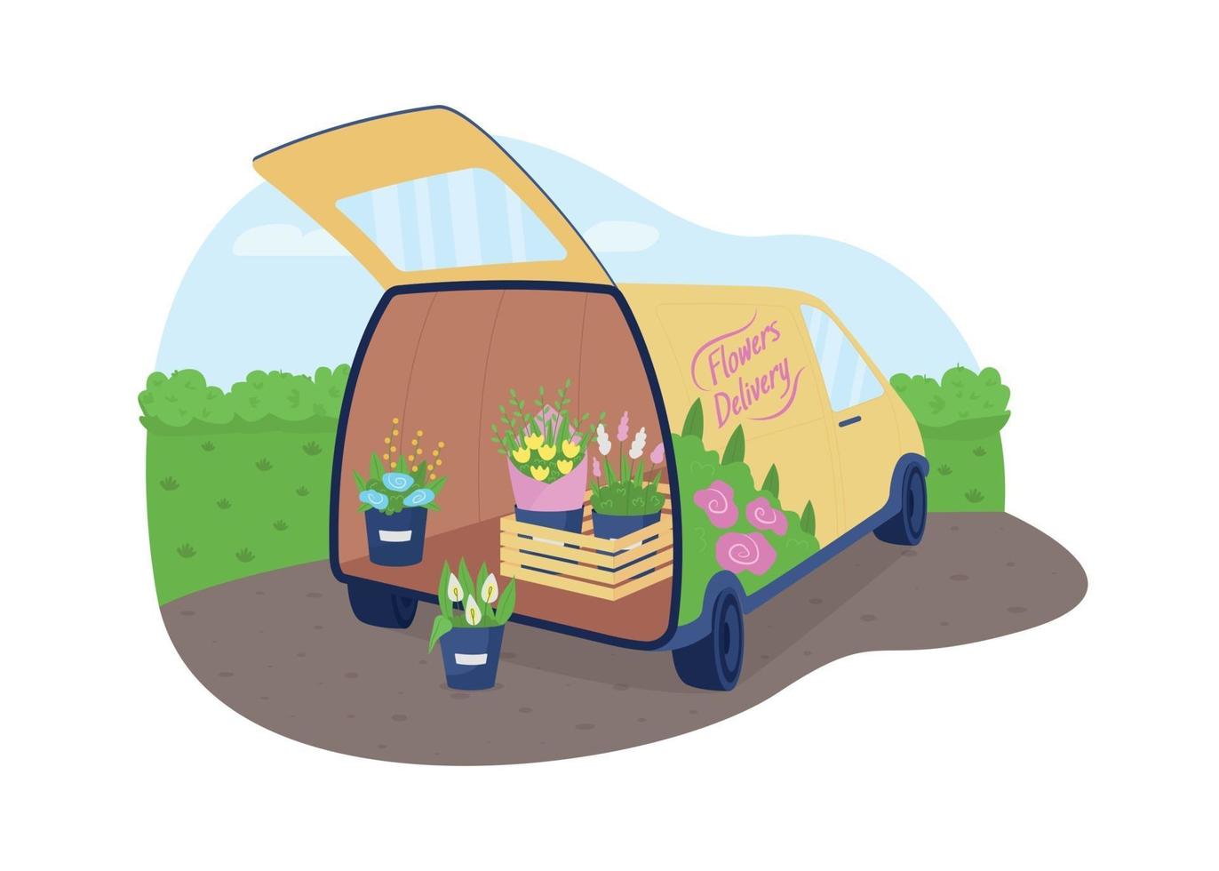 Flower delivery truck 2D vector web banner, poster