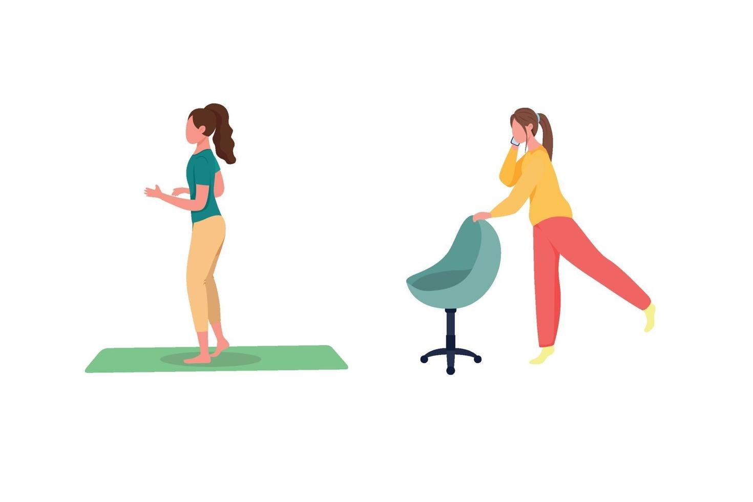 Female freelancer exercising flat color vector faceless character set