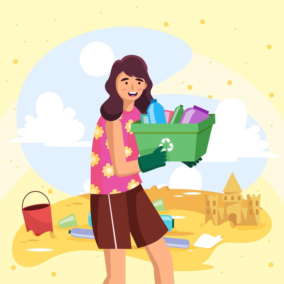 Woman Collects Garbage Bottles For Recycling Use vector
