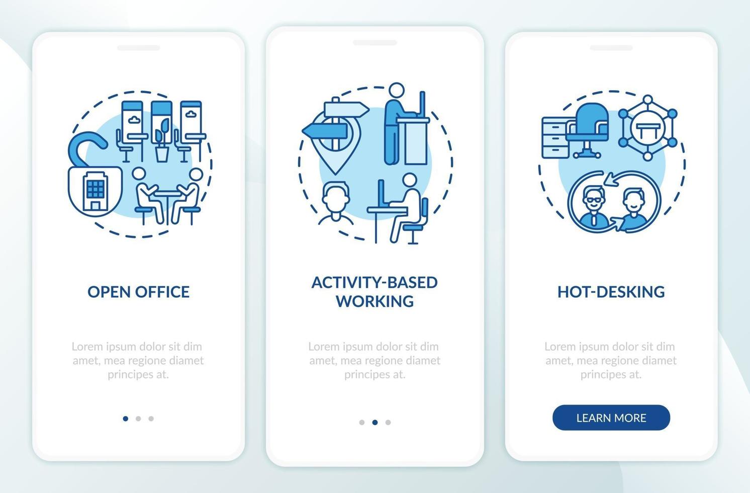 Future office environments onboarding mobile app page screen with concepts vector