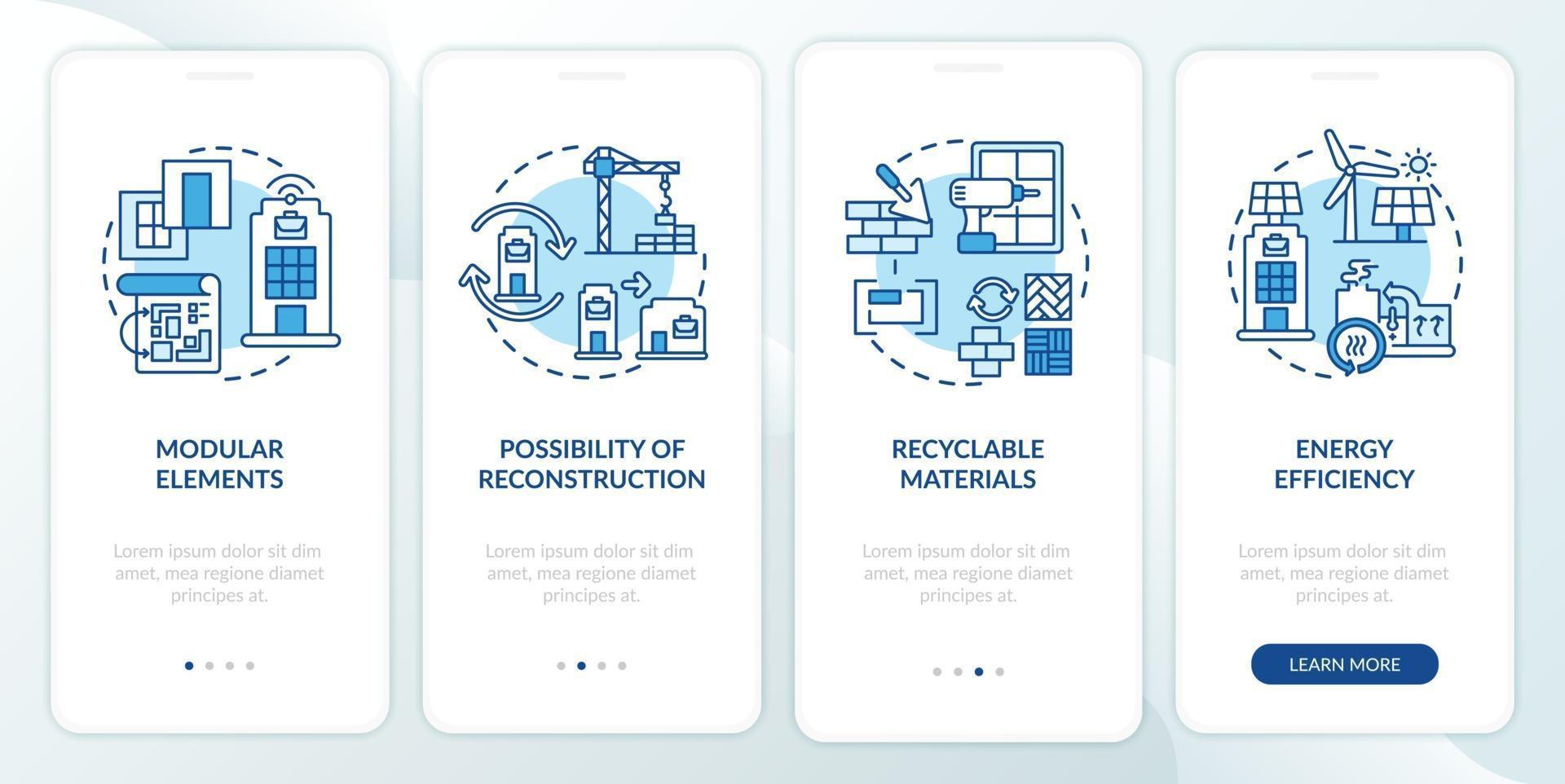 Futuristic office building requirement onboarding mobile app page screen with concepts vector