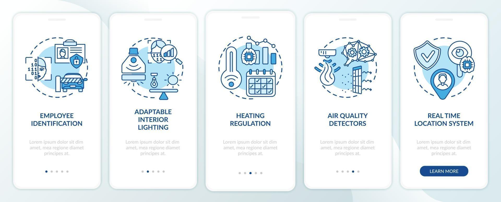 Pantalla de página de aplicación móvil de incorporación de oficina inteligente futurista con conceptos vector