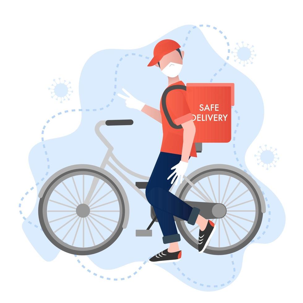 Safe delivery vector concept. Smiling Deliverman with a bike makes safe and virus protected deliver. Safe food delivery. Virus prevention concept. Cartoon vector illustration. Coronavirus prevention.