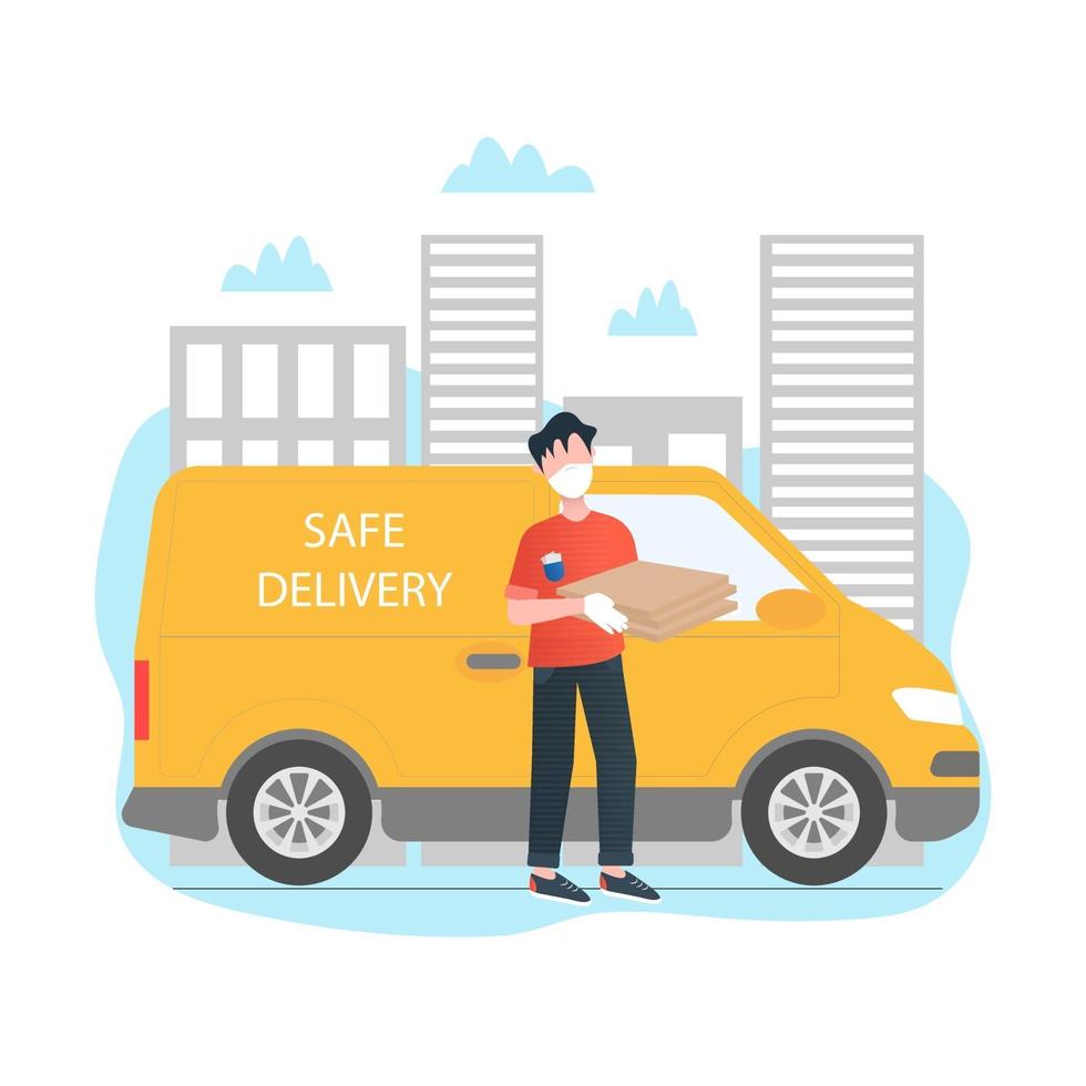 Delivery man with a truck vector illustration concept in cartoon style. Safe food delivery concept. Meal kit delivery concept. Delivery man is holding a box. Flat vector illustration.