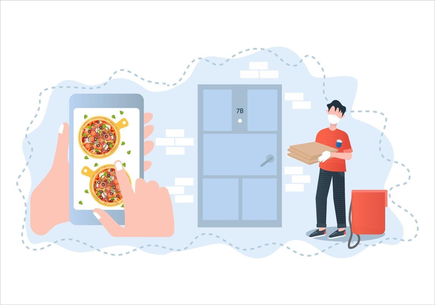 Ilustración de vector de entrega sin contacto de pizza. pedido de pizza a través de la aplicación. Concepto de ilustración de vector de entrega a domicilio de pizza segura sin contacto.