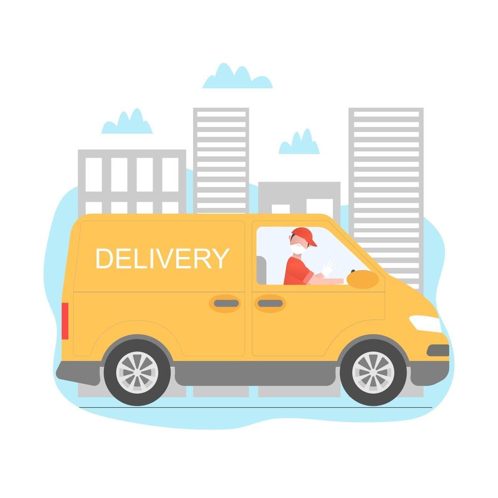Safe delivery vector illustration. Safe delivery with truck and driver. Delivery men with masks and gloves. Safe, contactless food delivery home and office.