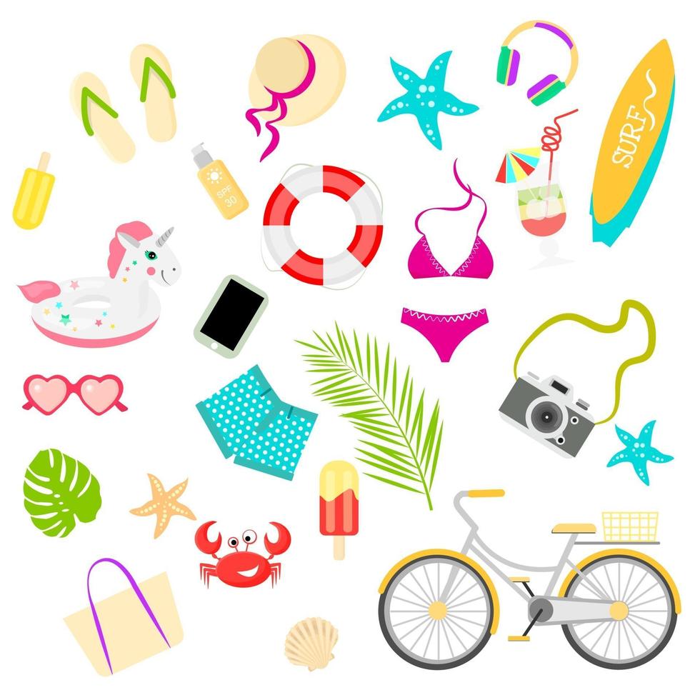 Summer items vector set, great design for any purposes.  Isolated vector illustration. Cartoon style, flat illustration.  Vector illustration flat design.