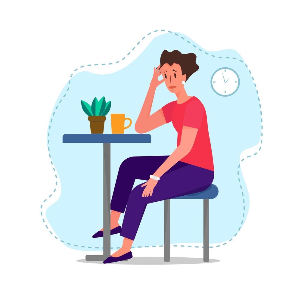 personaje de mujer triste sobrecargado de pensamientos tristes. Ilustración de concepto de vector de salud mental. Ilustración de vector aislado sobre fondo blanco.