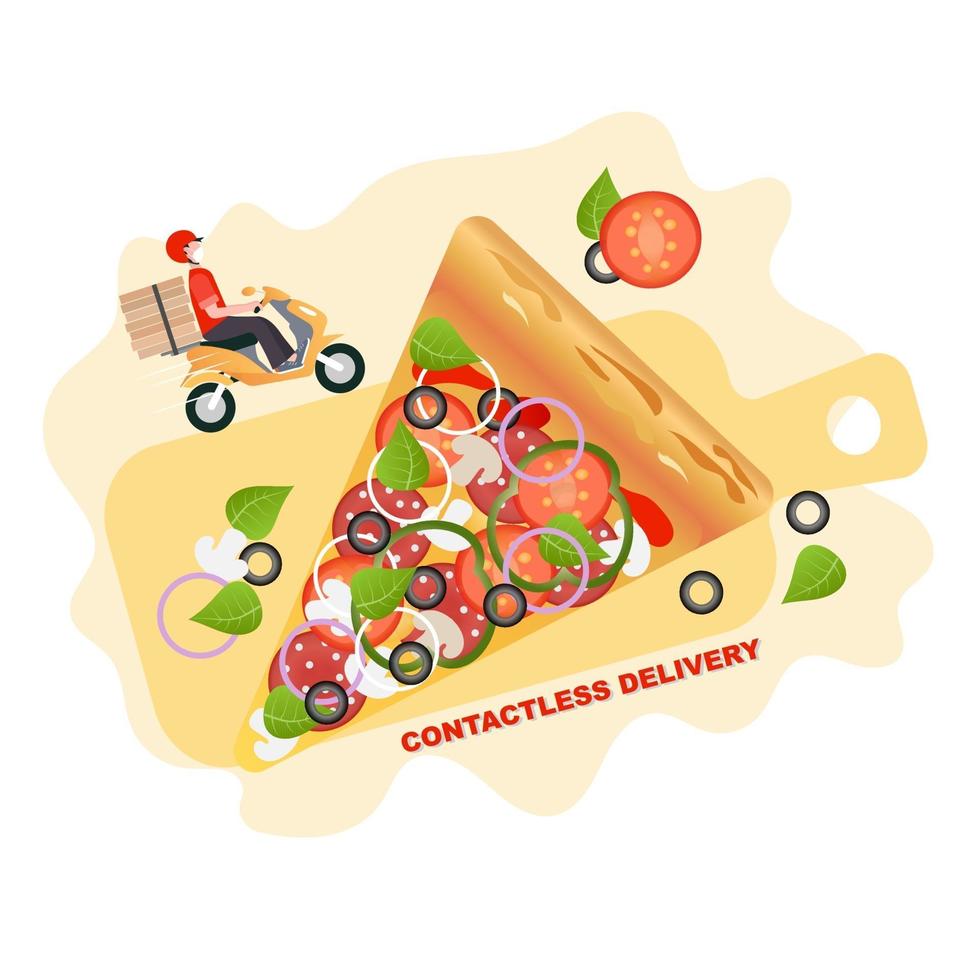 Pizza contactless delivery. Quarantine, isolation. Vector illustration background. Delivery service. Coronavirus quarantine. Safe food delivery.