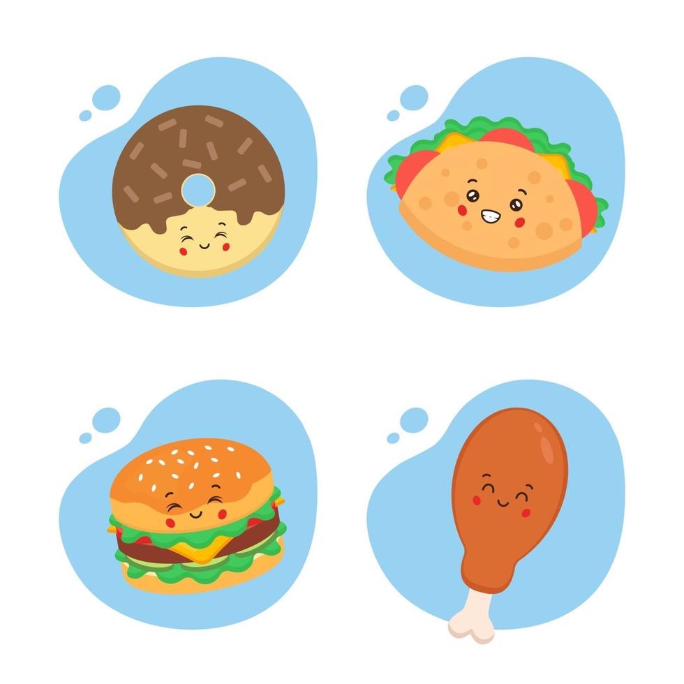 juego de 4 comida kawaii vector