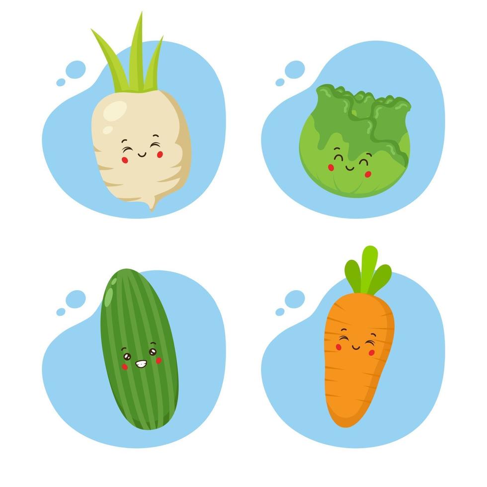 juego de 4 verduras kawaii vector