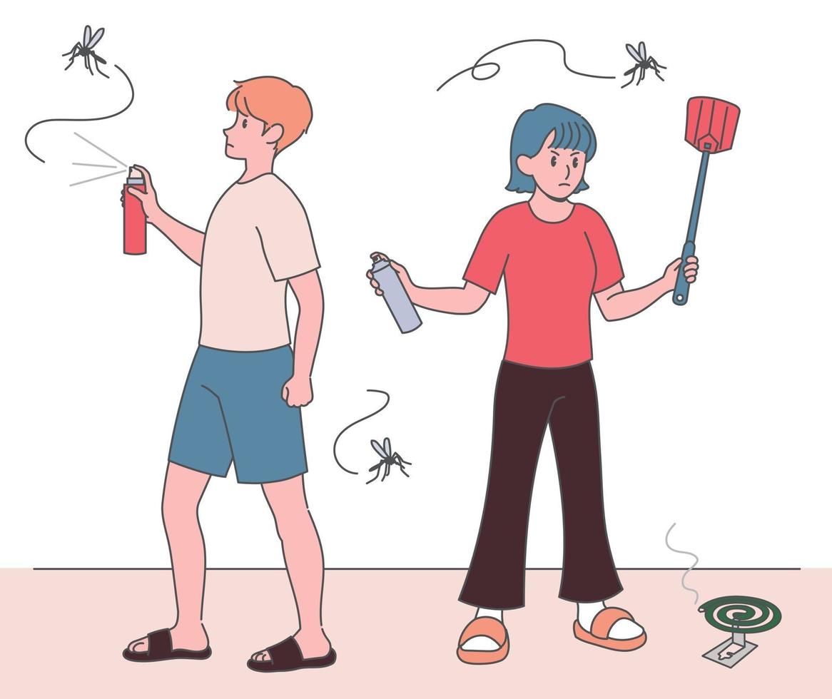 un hombre y una mujer persiguen a los mosquitos con aerosoles y palos flappers. ilustraciones de diseño de vectores de estilo dibujado a mano.