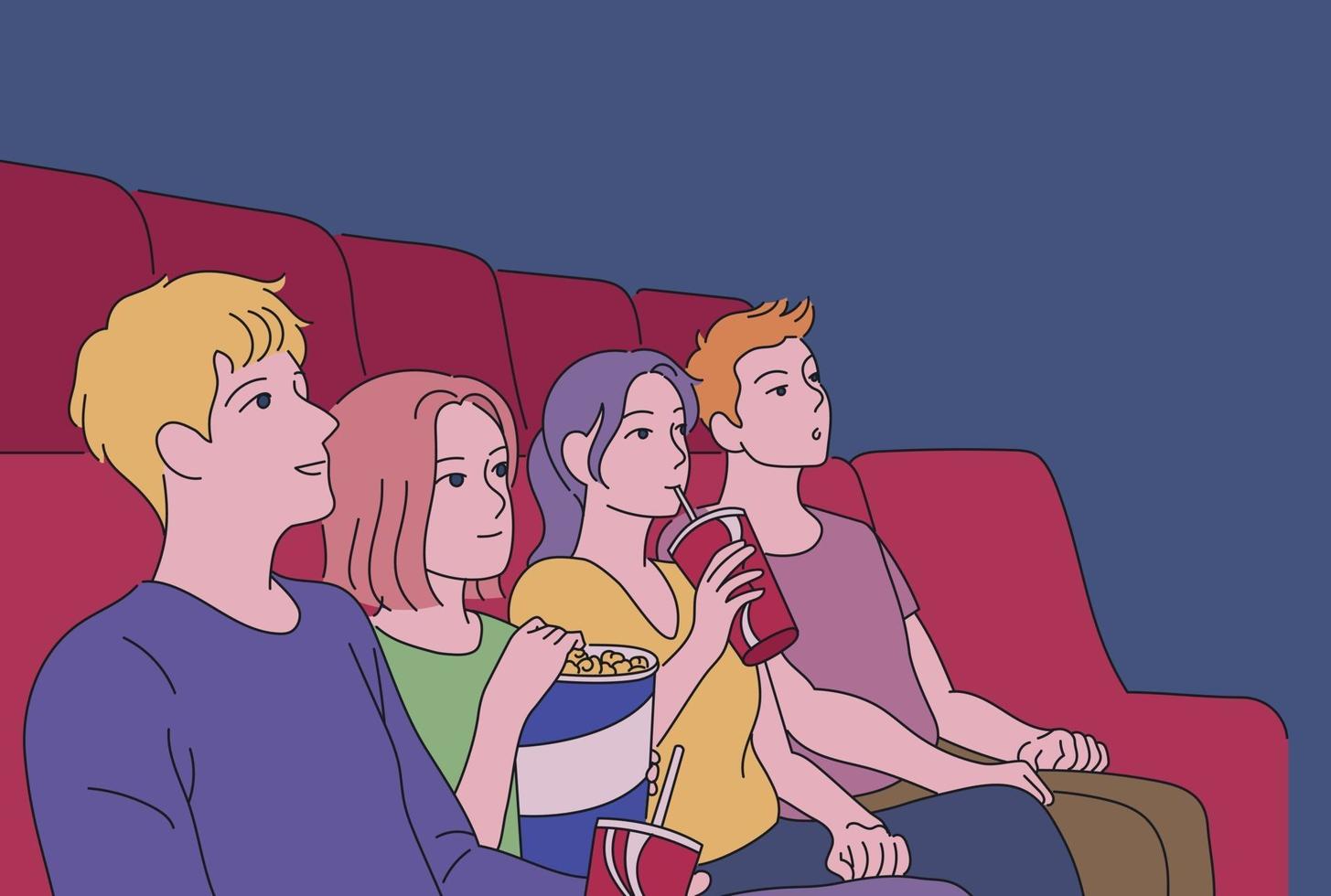 People watching a movie in a dark theater. hand drawn style vector design illustrations.