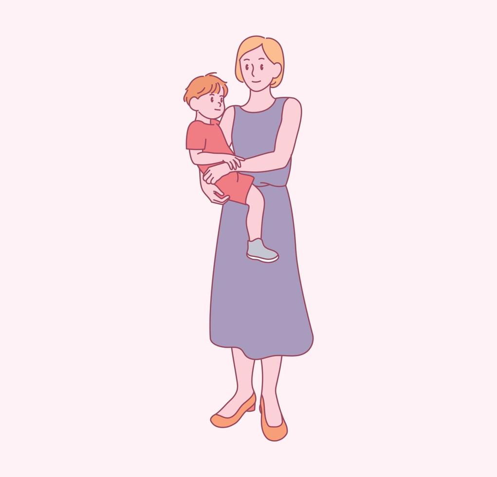 Her mom is hugging her young son. hand drawn style vector design illustrations.