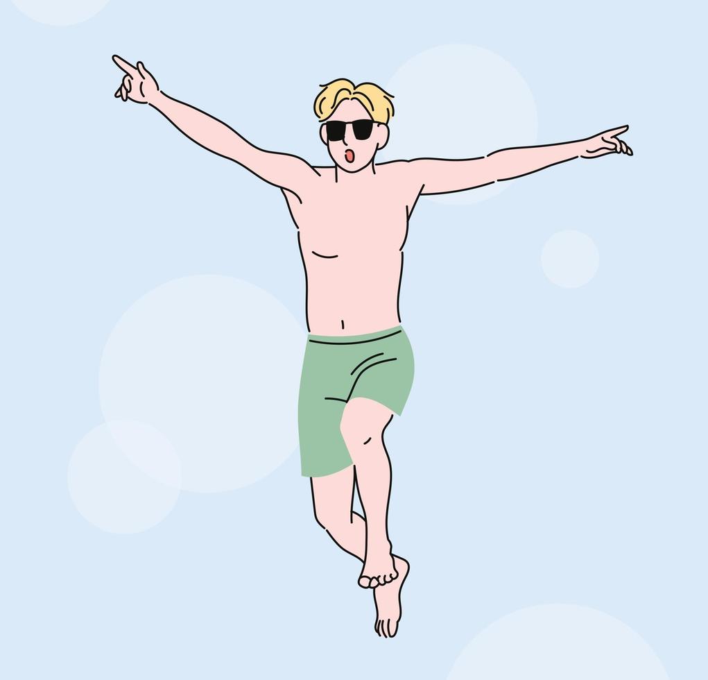 A man who came to the beach in the summer is jumping excitedly wearing a swimsuit. hand drawn style vector design illustrations.