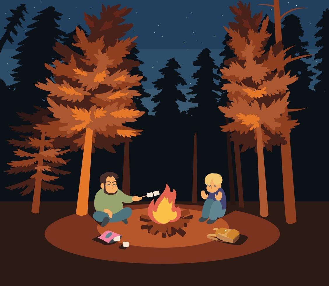 A man and a boy are sitting with a bonfire in a dark forest. hand drawn style vector design illustrations.