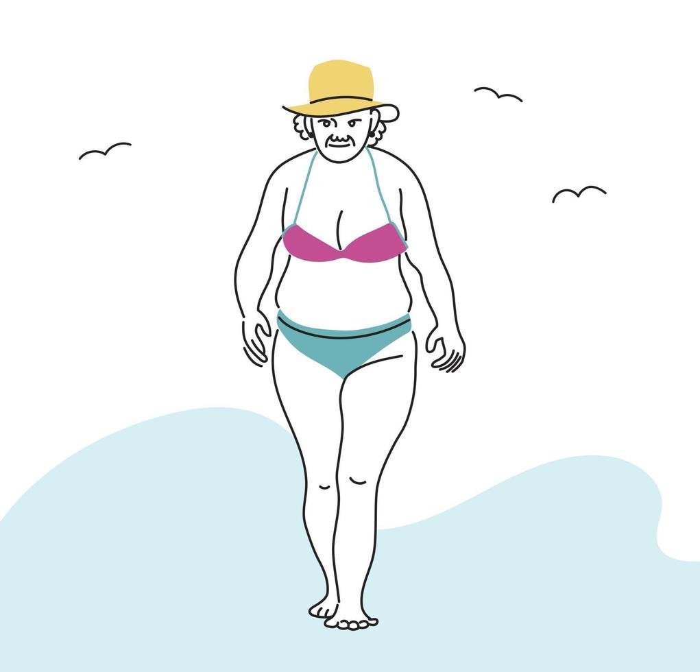 An old lady in a swimsuit is walking on the beach. hand drawn style vector design illustrations.