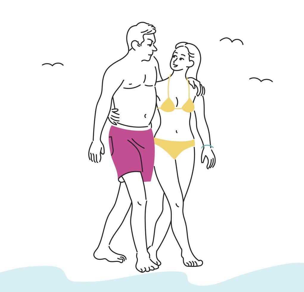 una pareja en traje de baño camina por la playa. ilustraciones de diseño de vectores de estilo dibujado a mano.