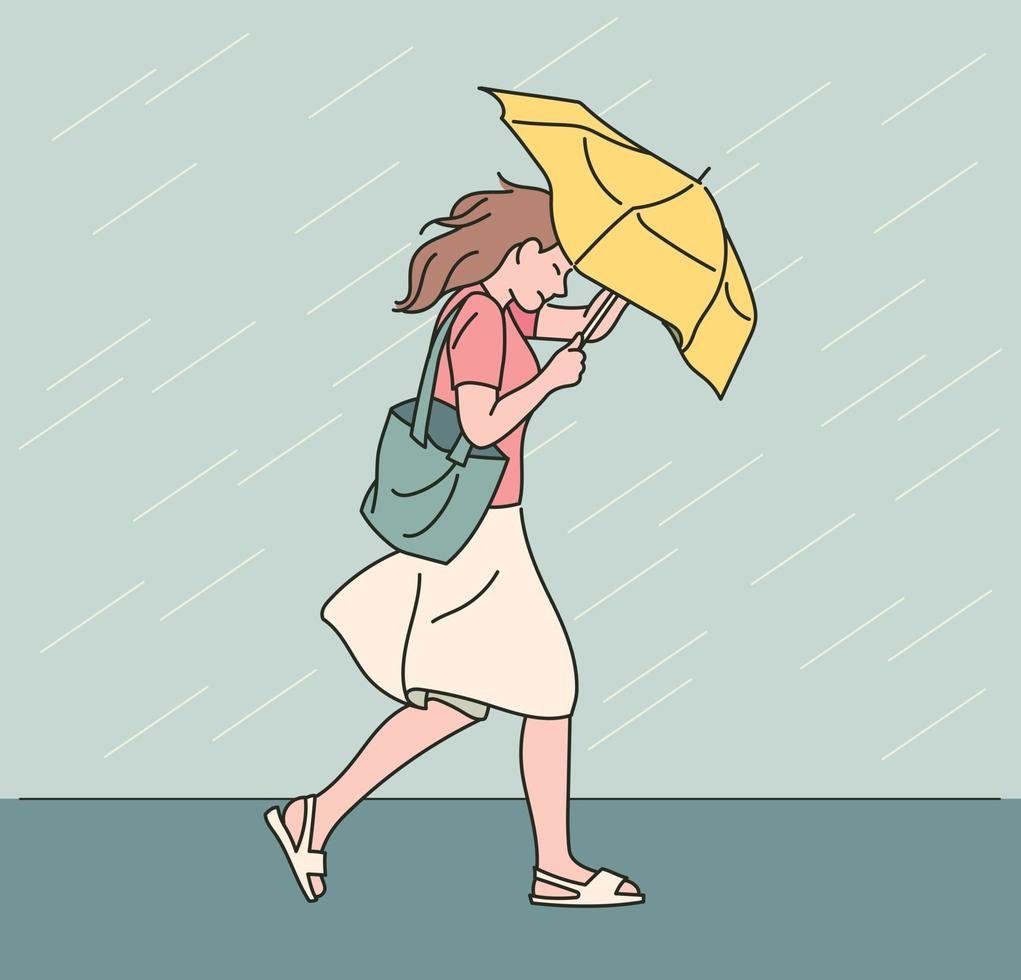 una mujer camina con un paraguas en una fuerte tormenta. ilustraciones de diseño de vectores de estilo dibujado a mano.