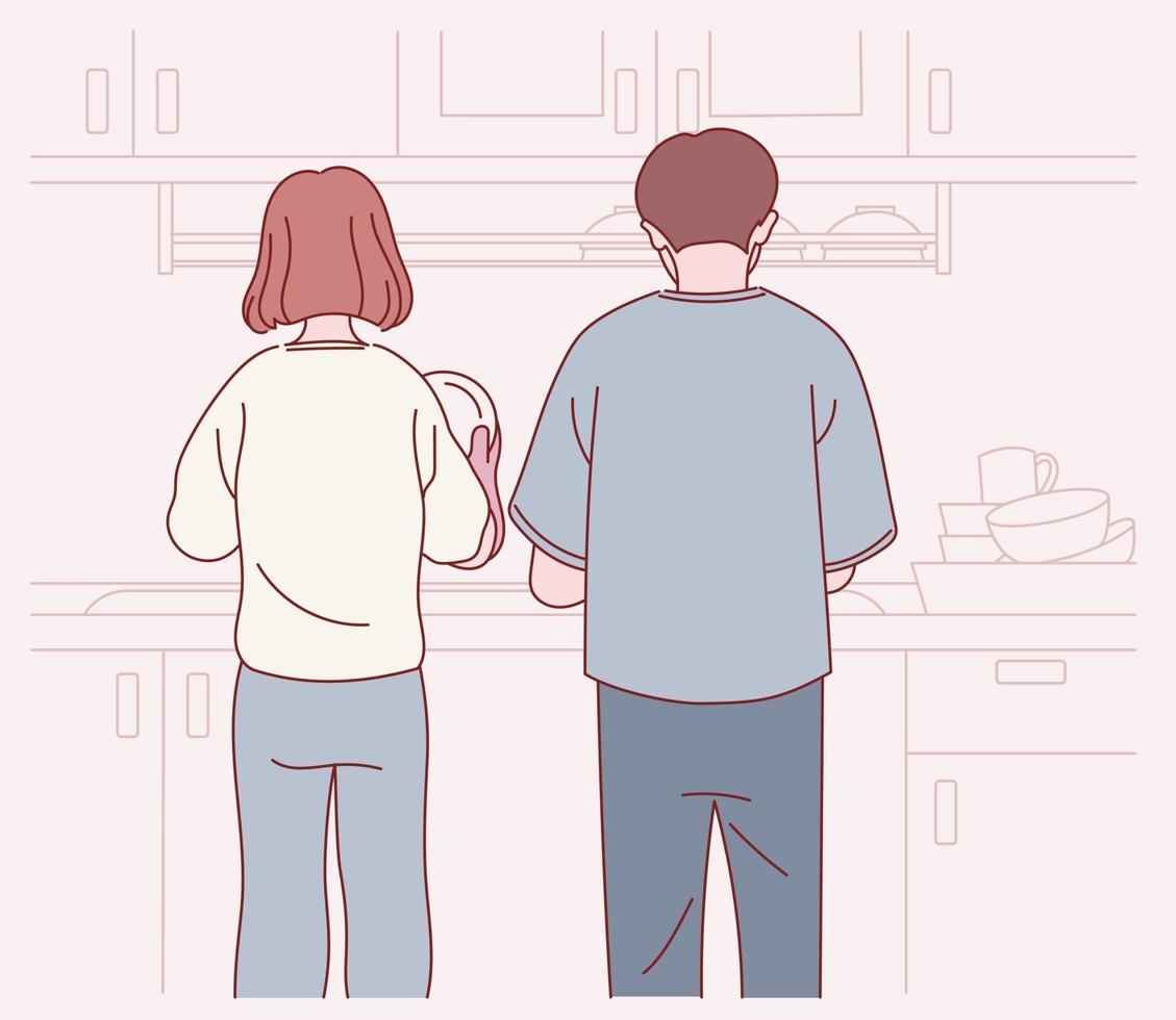 The back of a couple washing dishes together. Kitchen background. hand drawn style vector design illustrations.