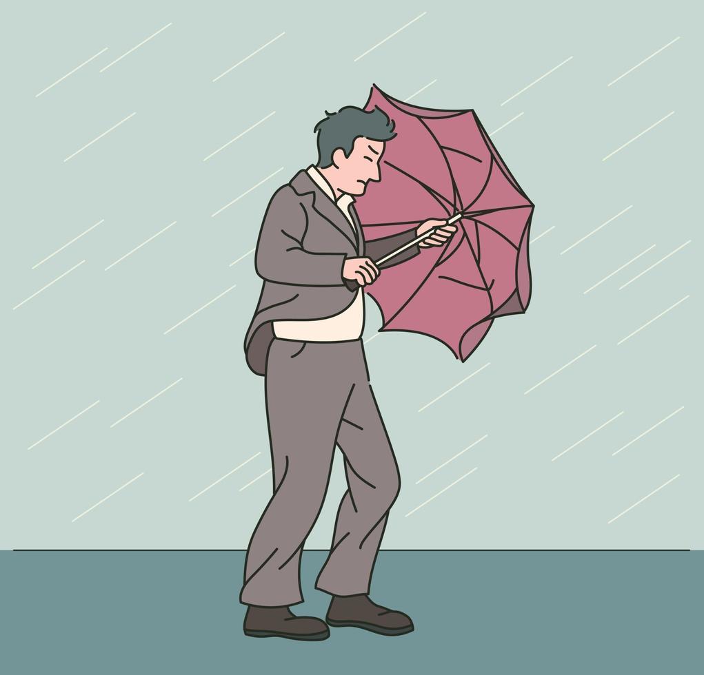 un hombre de traje camina con dificultad bajo una fuerte lluvia y viento. ilustraciones de diseño de vectores de estilo dibujado a mano.