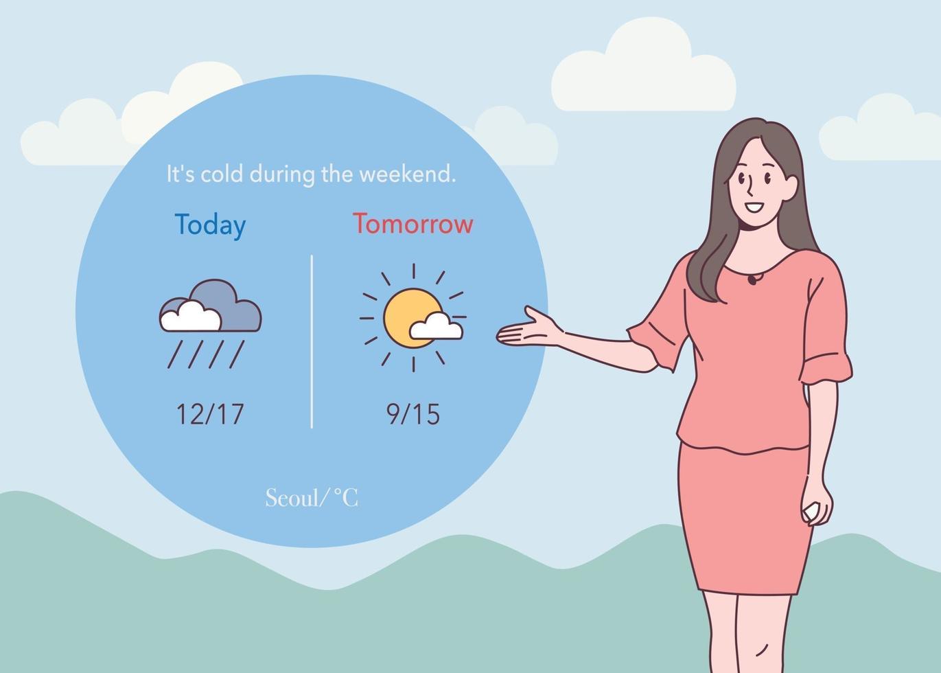 The weather forecaster is forecasting the weather. hand drawn style vector design illustrations.