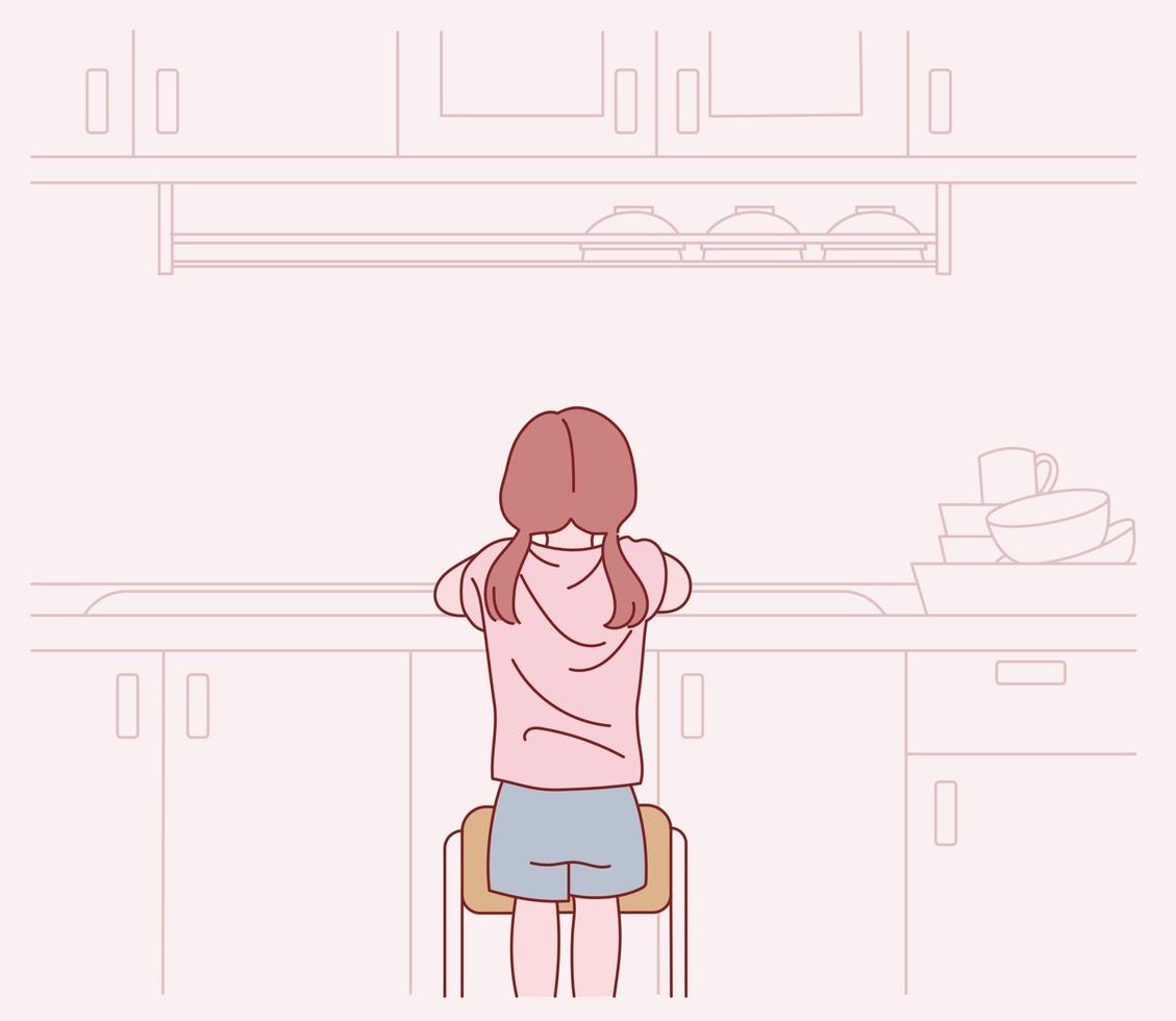 The back view of a little girl washing the dishes. hand drawn style vector design illustrations.