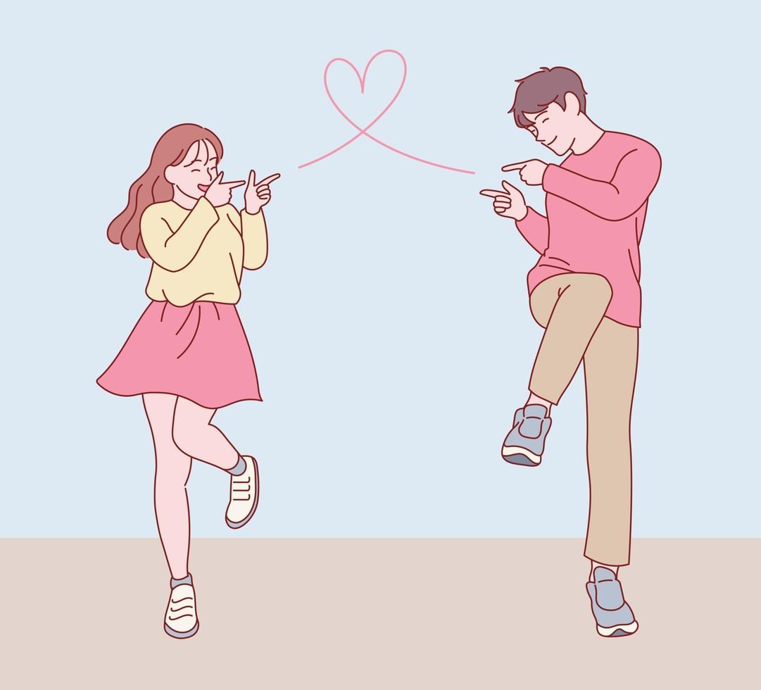 una pareja en una linda pose haciendo un gesto de dispararse una bala de amor el uno al otro. ilustraciones de diseño de vectores de estilo dibujado a mano.