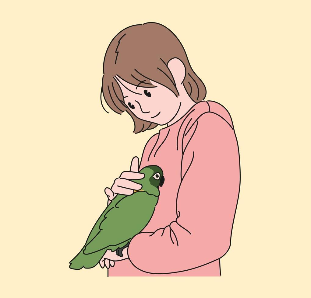 A girl is enjoying her pet parrot. hand drawn style vector design illustrations.