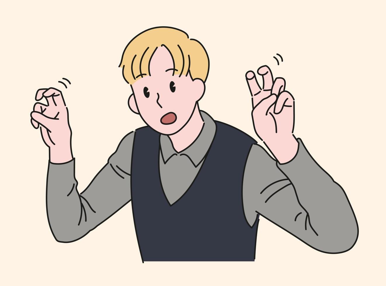 un hombre hace un gesto de énfasis al doblar dos dedos. ilustraciones de diseño de vectores de estilo dibujado a mano.