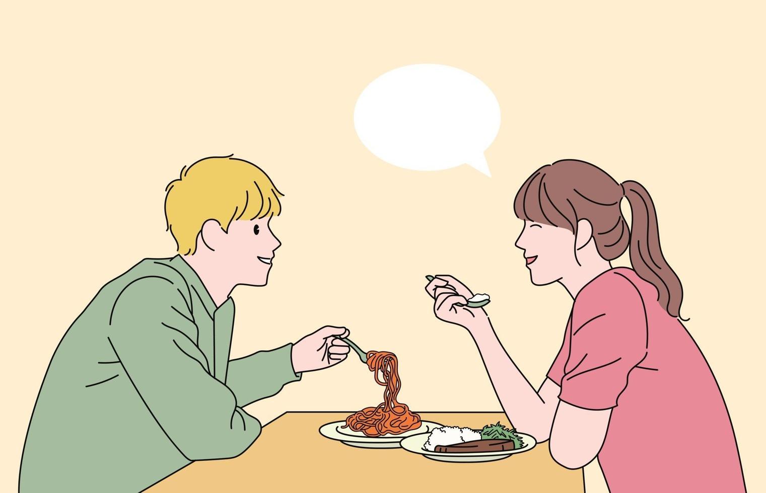 The man and the woman are having a conversation and eating. hand drawn style vector design illustrations.