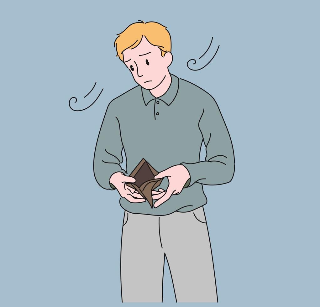 A man is looking at an empty wallet. hand drawn style vector design illustrations.