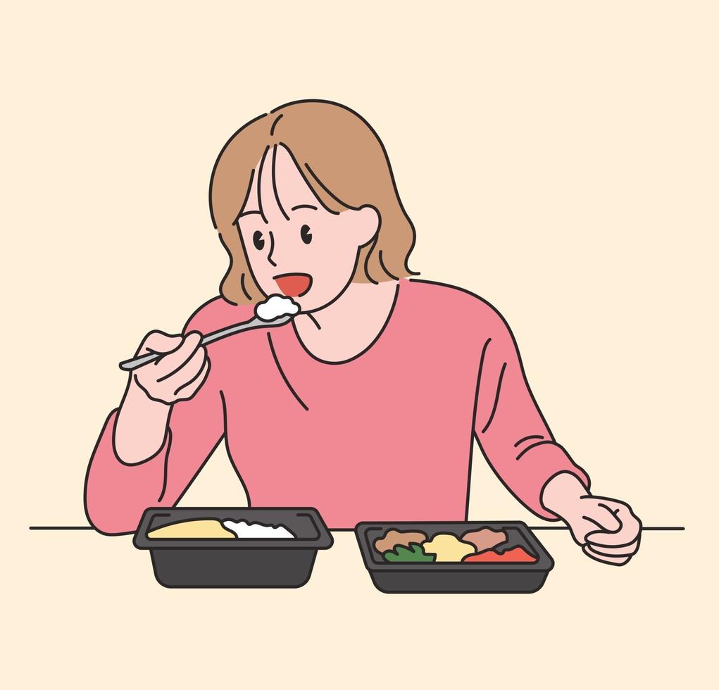 A girl is eating a lunch box. hand drawn style vector design illustrations.