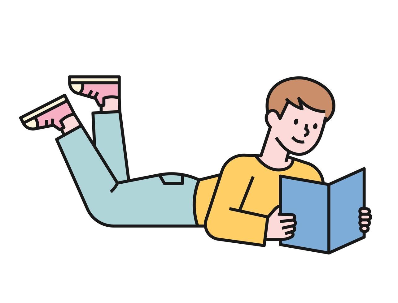 A boy is reading a book lying on his stomach on the floor. flat design style minimal vector illustration.