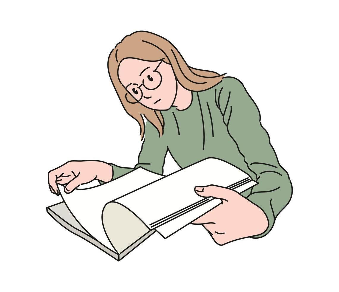 A woman wearing glasses is reading a book. hand drawn style vector design illustrations.
