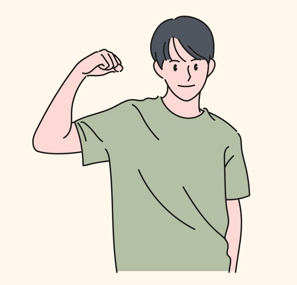 A man is showing strength by raising his arm. hand drawn style vector design illustrations.