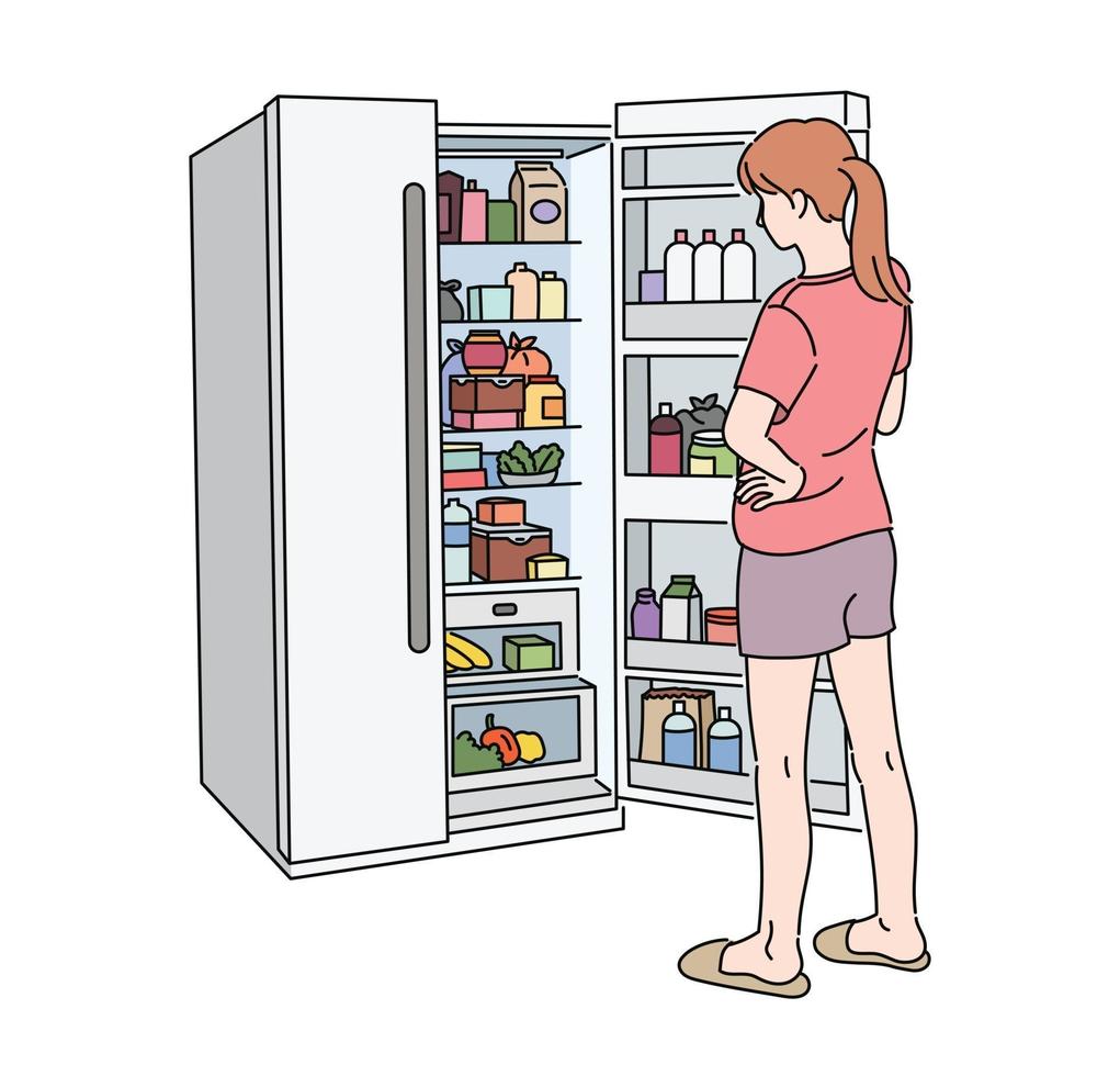 The back of a woman opening a full refrigerator. hand drawn style vector design illustrations.