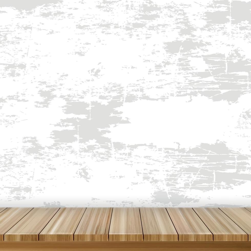 mesa de madera realista en el fondo de una vieja pared gris - vector