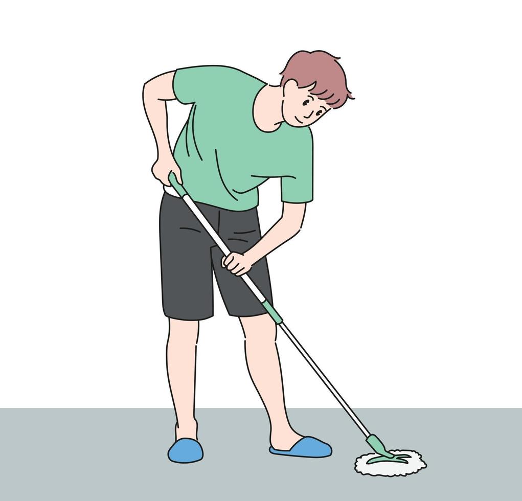 A man is mopping. hand drawn style vector design illustrations.